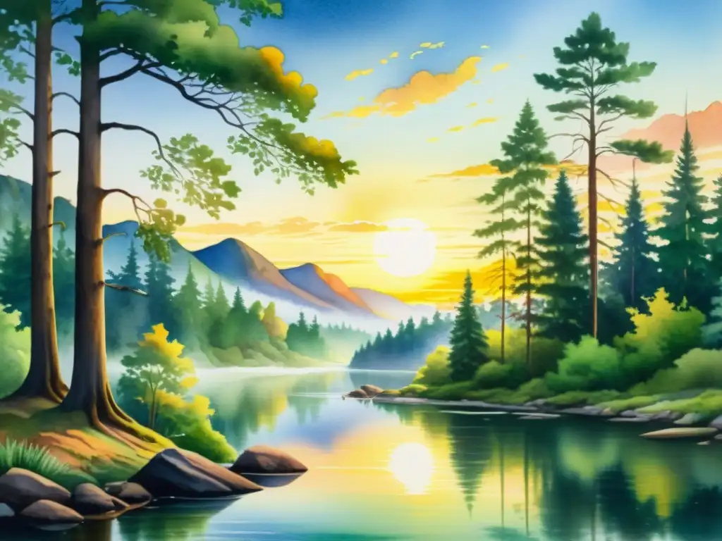 Una pintura detallada en acuarela de un sereno bosque con árboles verdes vibrantes, un río sinuoso y un suave atardecer, creando un ambiente poético