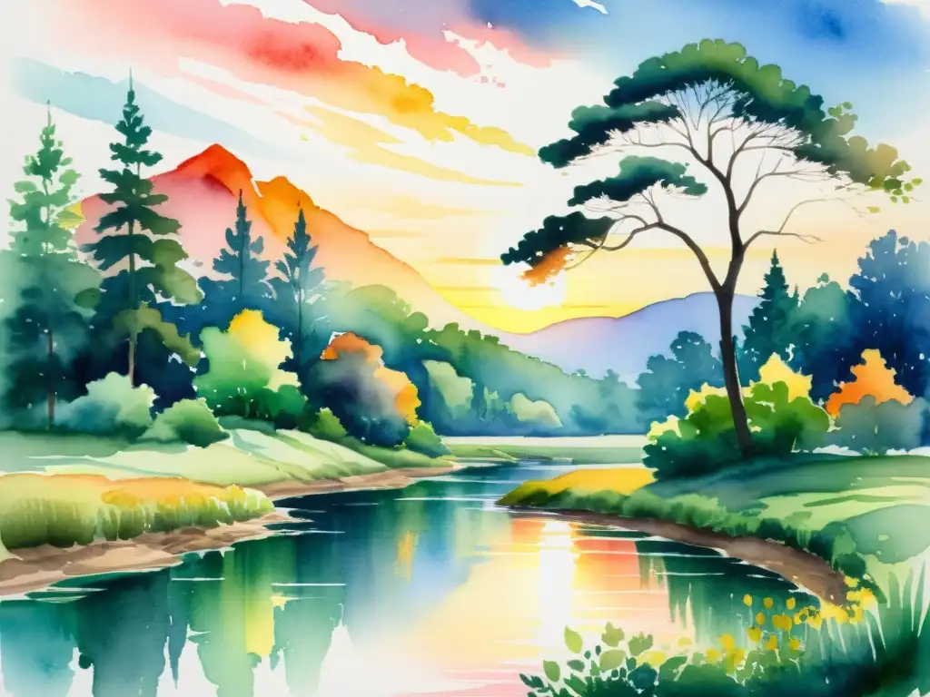 Una pintura detallada con acuarelas de un paisaje sereno con un río, vegetación exuberante y un atardecer colorido