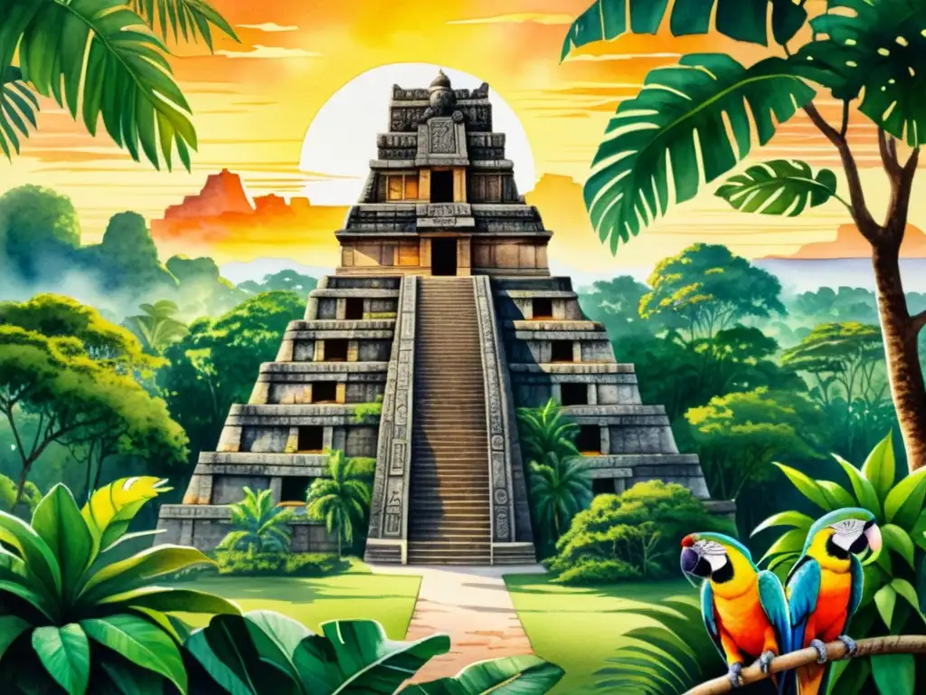 Una pintura detallada al agua de un antiguo templo maya en la exuberante selva, con loros y el sol poniéndose