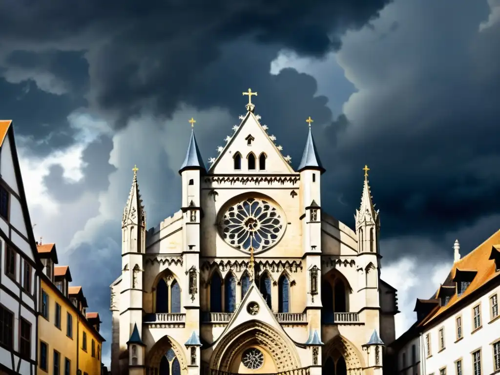 Una pintura detallada al agua de una catedral medieval europea con nubes de tormenta ominosas