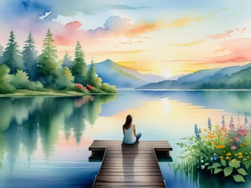 Serena contemplación en el lago al amanecer Pintura acuarela detallada en 8k de un amanecer sereno en un lago con un muelle de madera, rodeado de naturaleza