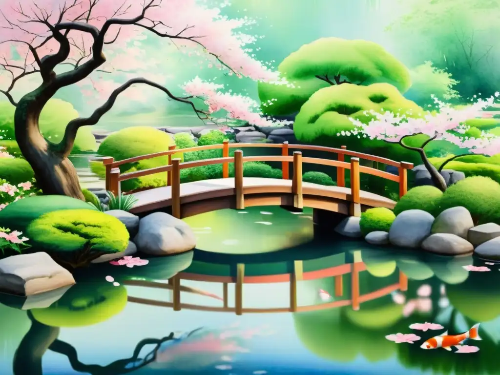 Una pintura detallada de un apacible jardín japonés con un puente de madera sobre un estanque rodeado de árboles de cerezo