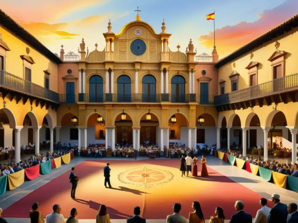 Pintura detallada de una bulliciosa plaza española en el Siglo de Oro, con poetas recitando versos y una rica arquitectura