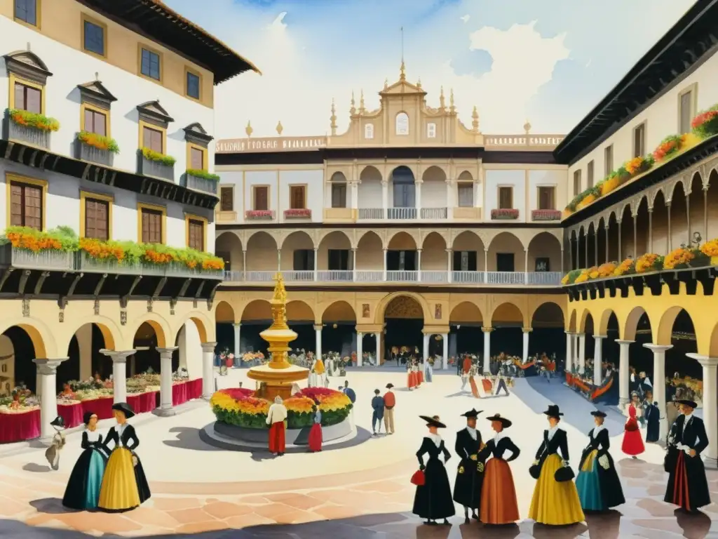 Una pintura acuarela detallada de una bulliciosa plaza del Siglo de Oro Español, rebosante de vida, opulencia y poesía del Siglo de Oro Español