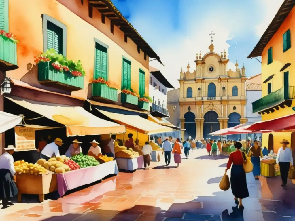 Pintura detallada de un bullicioso mercado español del Siglo de Oro, con vendedores, edificios coloridos y gente en atuendos tradicionales