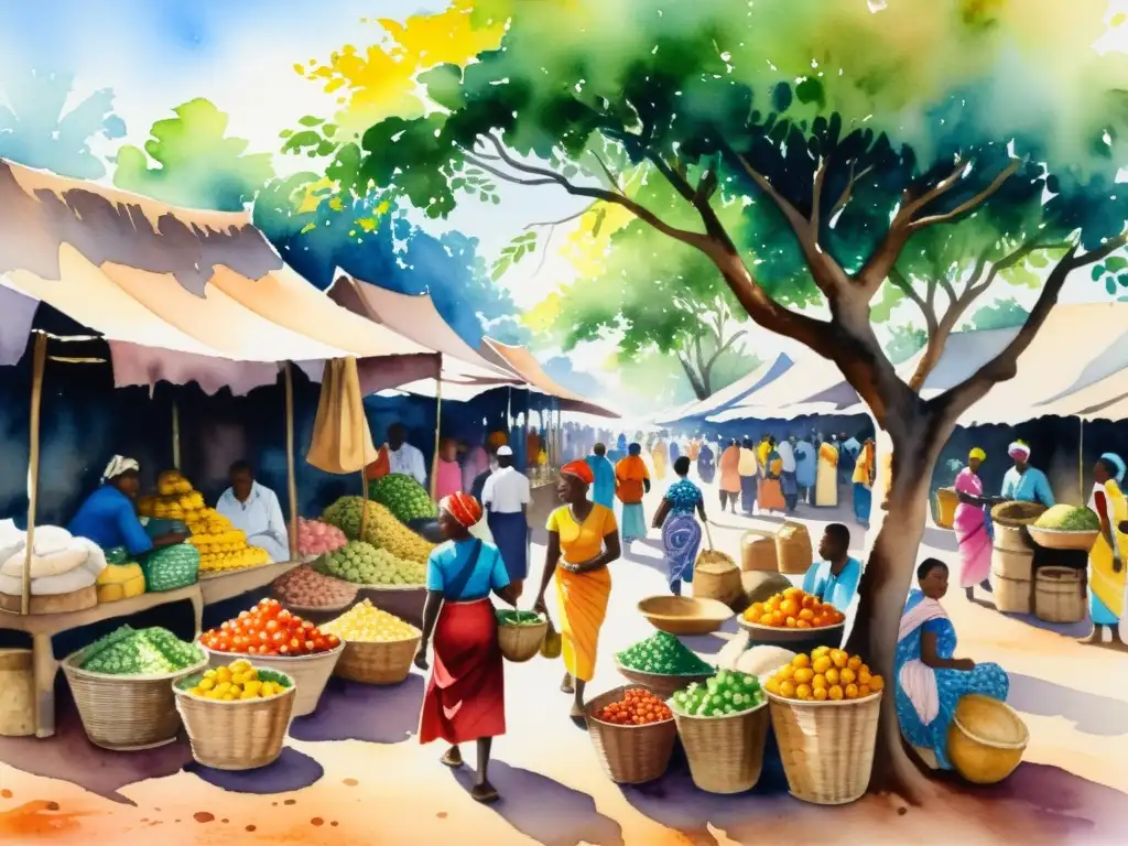 Una pintura detallada de un bullicioso mercado africano, con colores vibrantes y escenas detalladas que muestran la atmósfera animada del lugar