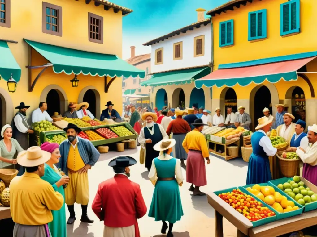 Pintura detallada de un bullicioso mercado español del Siglo de Oro, con versos humorísticos, poetas y colores vibrantes que capturan la esencia del periodo