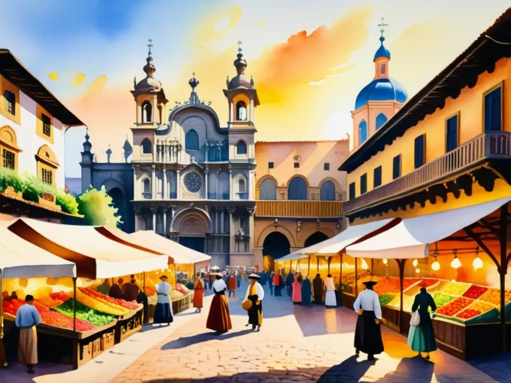 Una pintura detallada de un bullicioso mercado español del Siglo de Oro, con edificios adornados, mercaderes y conversaciones animadas