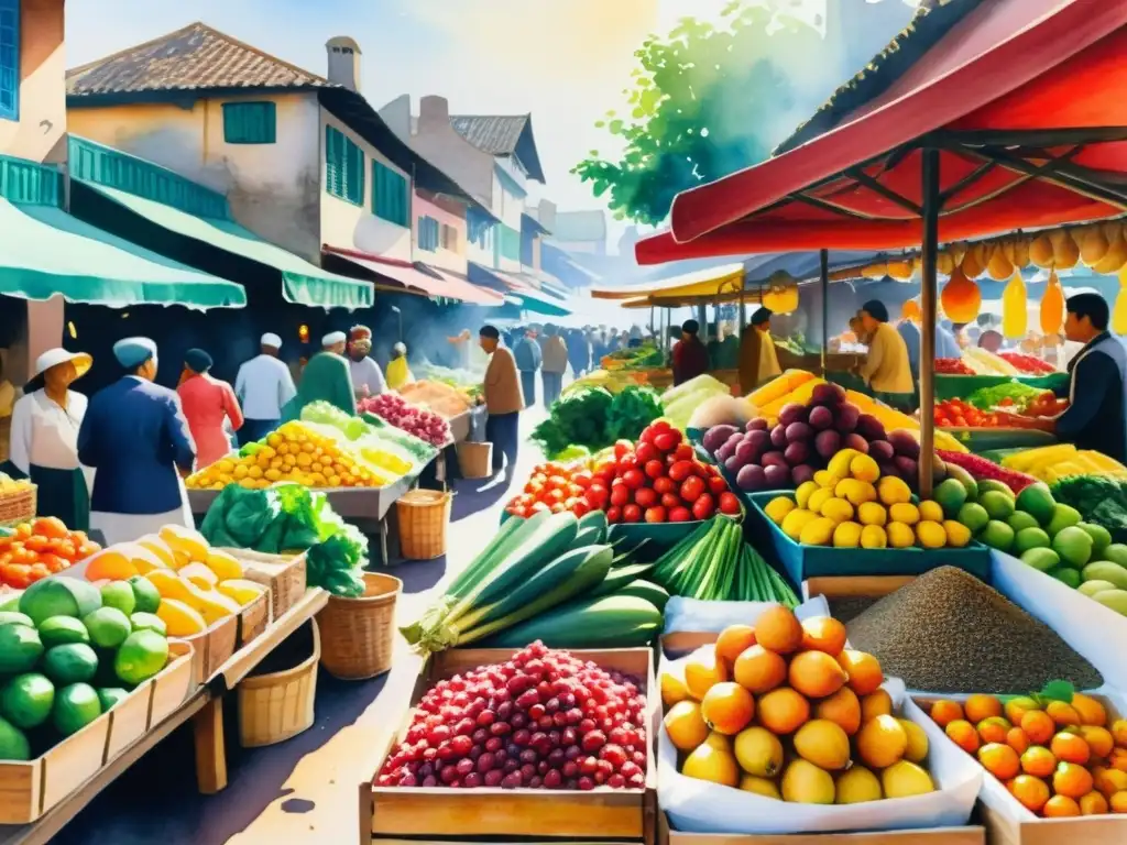 Una pintura detallada de un bullicioso mercado al aire libre, rebosante de frutas, verduras y especias vibrantes de diversas culturas