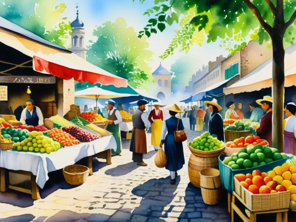 Pintura detallada de un bullicioso mercado del siglo XIX, con vendedores, frutas, verduras, textiles y elegantes personas