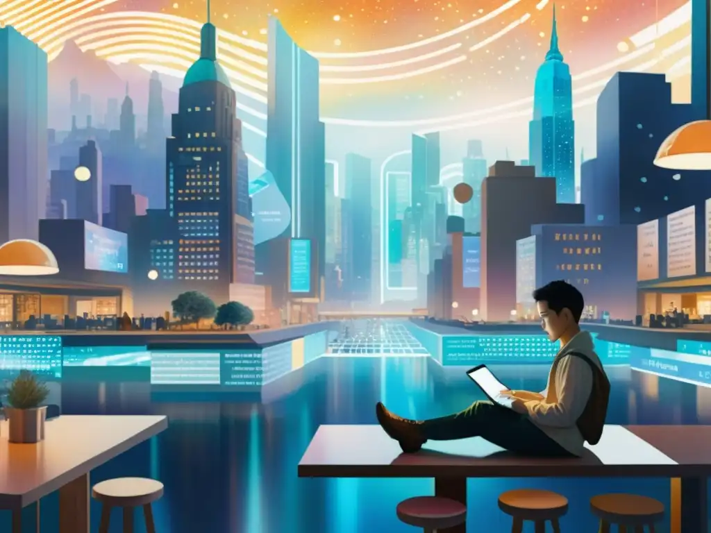 Una pintura acuarela detallada de una ciudad futurista con elementos digitales integrados, donde un poeta está en un café acogedor rodeado de fragmentos de poesía AI generada y pantallas holográficas mostrando líneas de código entrelazadas con versos