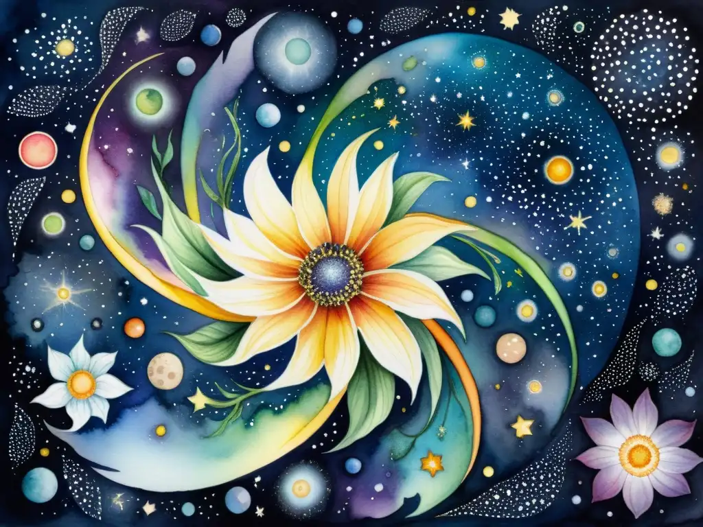 Una pintura acuarela detallada del cosmos estrellado con galaxias y una flor, simbolizando la poesía de la exploración del cosmos y la naturaleza