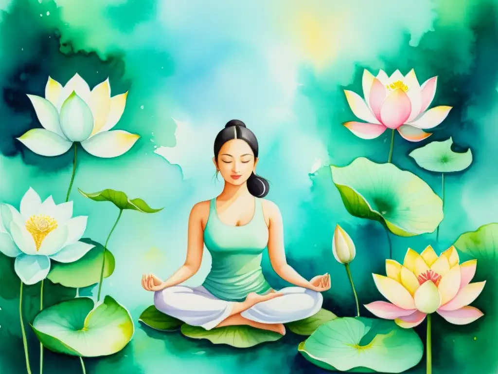 Una pintura acuarela detallada de una escena serena y meditativa, con una figura en postura de yoga rodeada de flores de loto