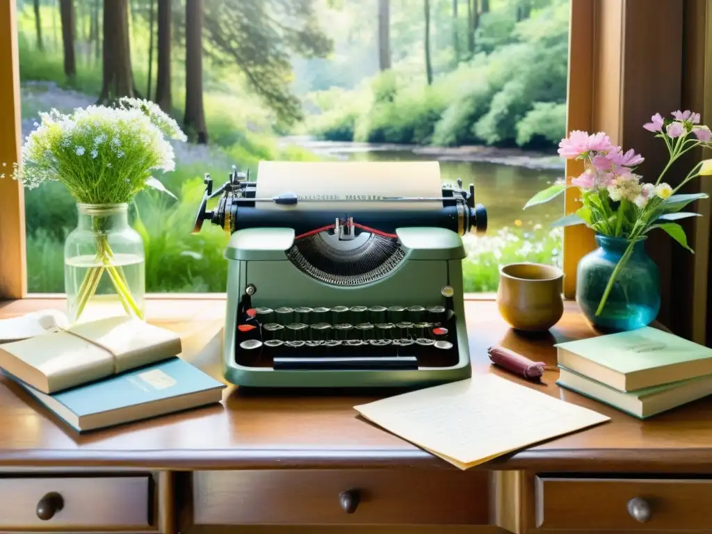 Una pintura detallada de un escritorio rústico en un claro del bosque, con una máquina de escribir vintage, libros de poesía y flores