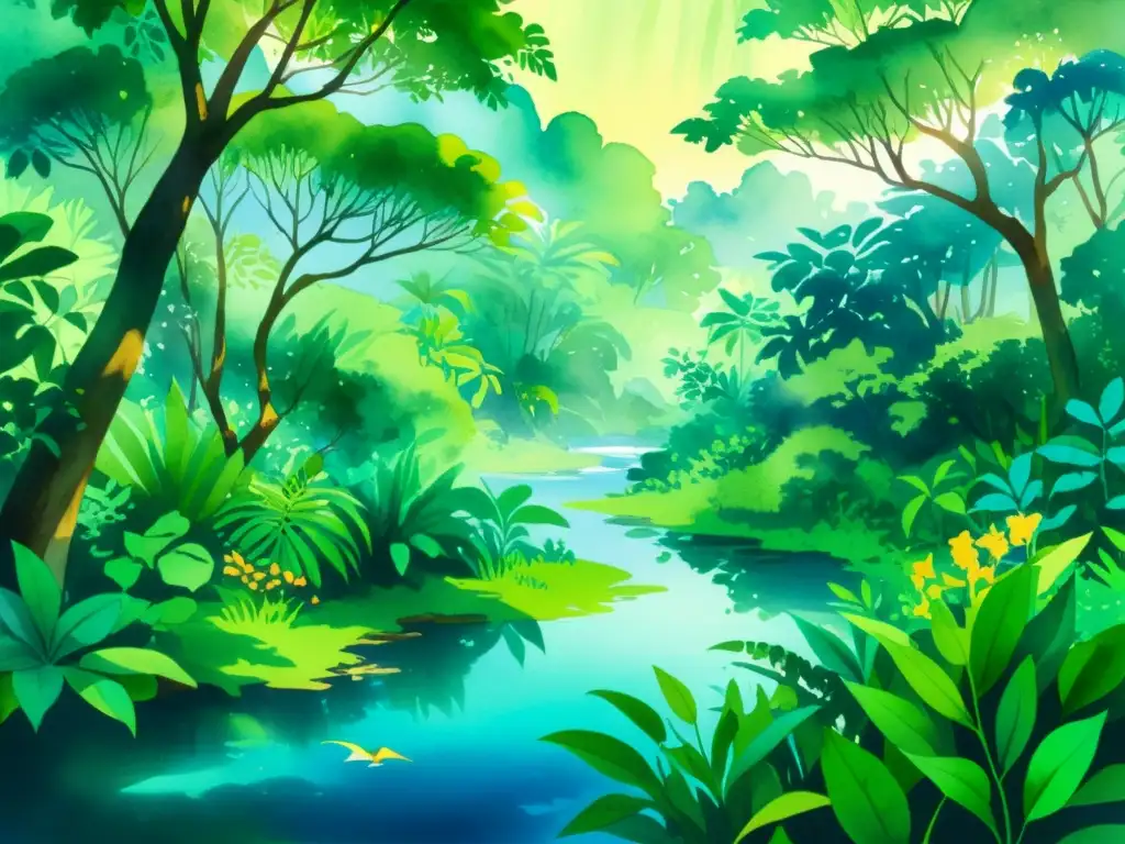 Una pintura detallada de una exuberante jungla, reflejando la travesía poesía iberoamericana traducida en colores vibrantes y vida natural