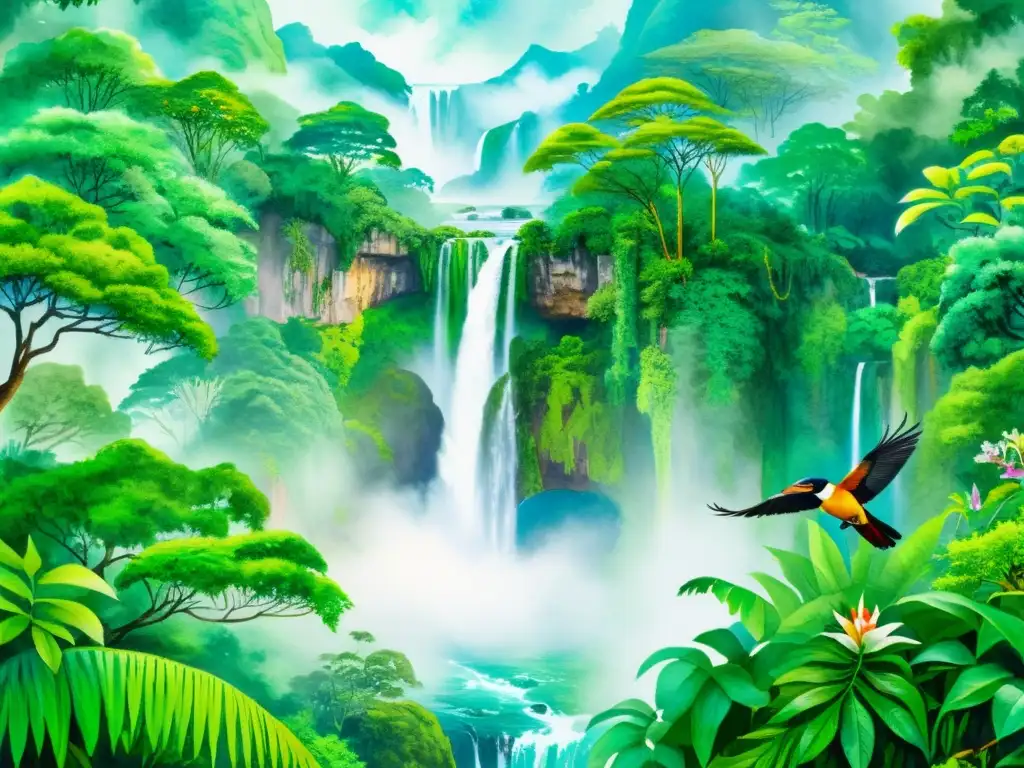 Una pintura detallada de una exuberante selva con cascada, aves y flores, evocando la conexión espiritual con la naturaleza y la poesía indígena