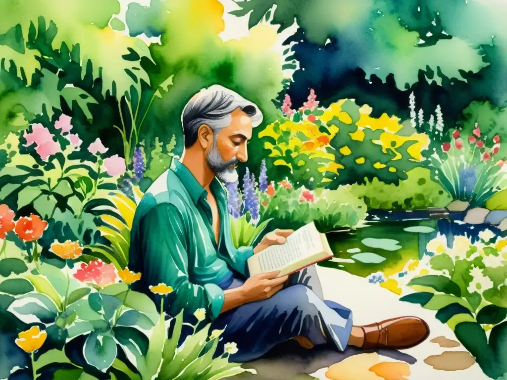 Una pintura acuarela detallada de una figura contemplativa en un jardín exuberante con flores vibrantes y arroyos