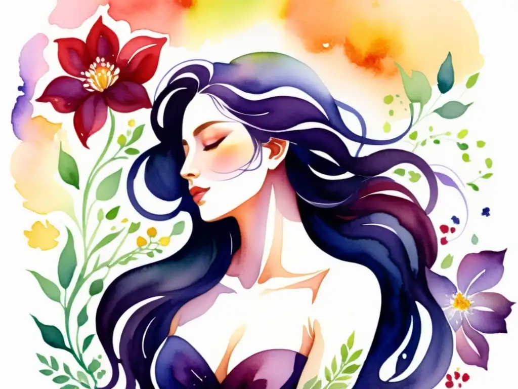 Una pintura acuarela detallada de una figura sensual entre flores vibrantes, con una energía erótica que invita a eventos de poesía erótica