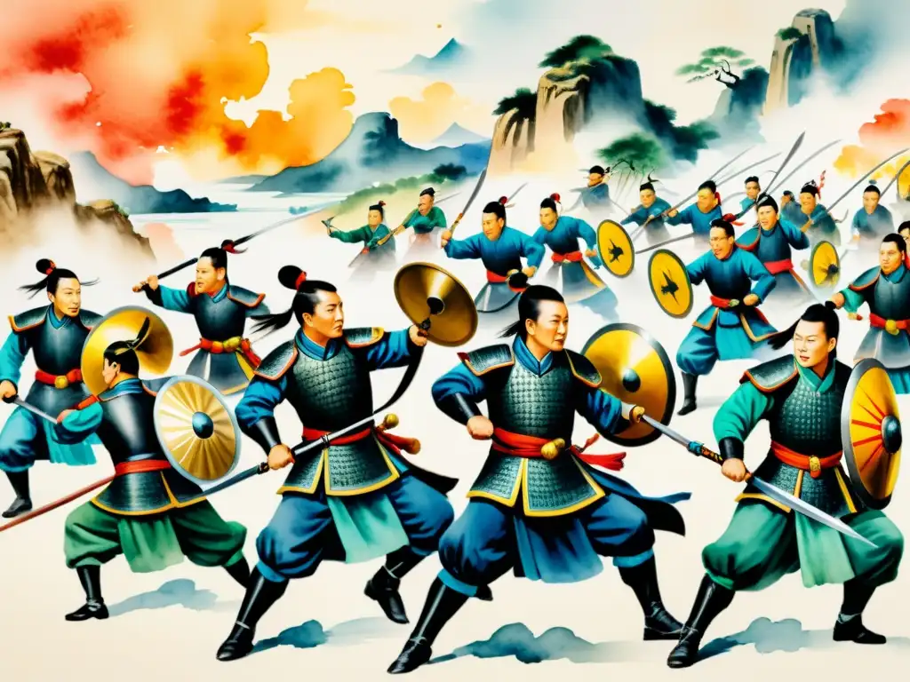 Pintura detallada de guerreros chinos en batalla, con colores vibrantes y detalles intrincados que capturan la esencia de la poesía militar china traducción