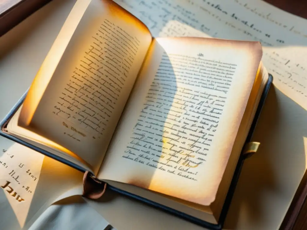 Una pintura detallada de un libro antiguo con un poema manuscrito, iluminado por la luz dorada del sol