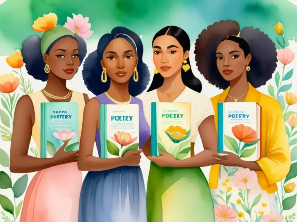 Una pintura detallada de mujeres diversas sosteniendo libros de poesía, rodeadas de flores vibrantes