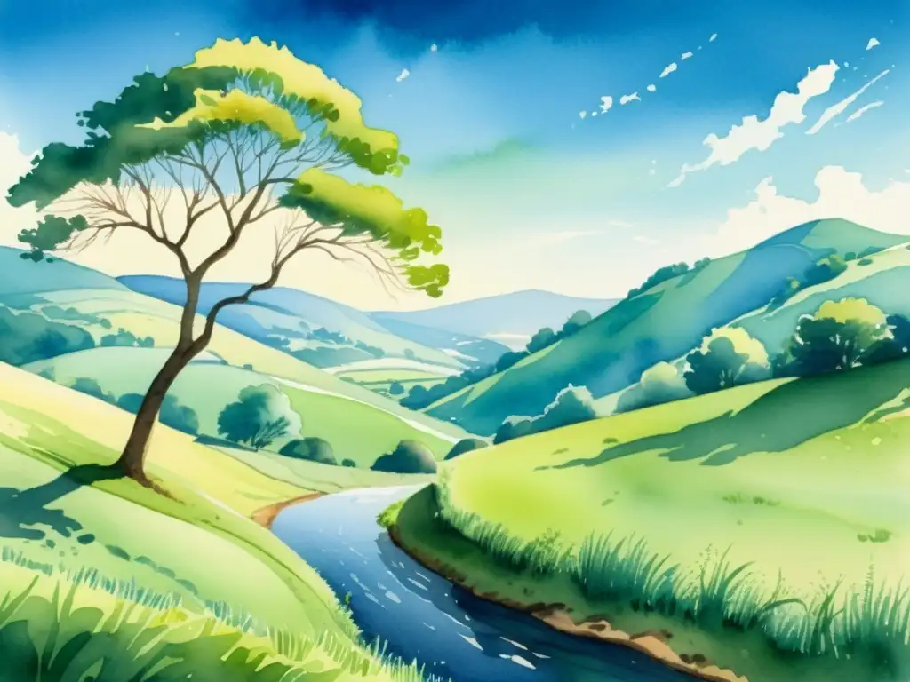 Pintura acuarela detallada de un paisaje campestre sereno con colinas verdes, cielo azul y un árbol solitario