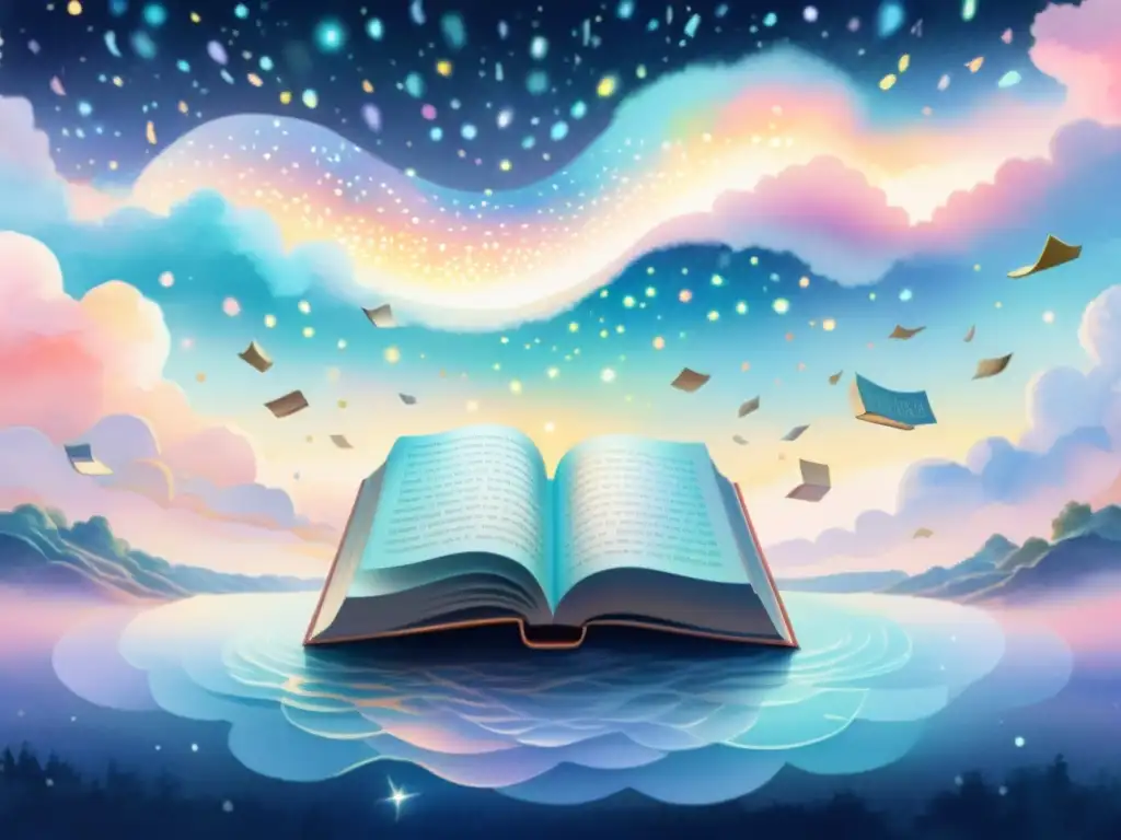 Una pintura detallada de un paisaje digital sereno con libros de poesía flotando en el cielo, irradiando luces suaves