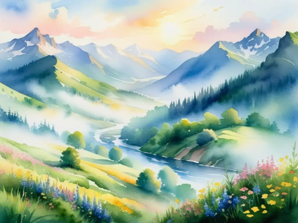 Una pintura detallada de un paisaje montañoso sereno y neblinoso con valles verdes, un río sinuoso y una colorida variedad de flores silvestres