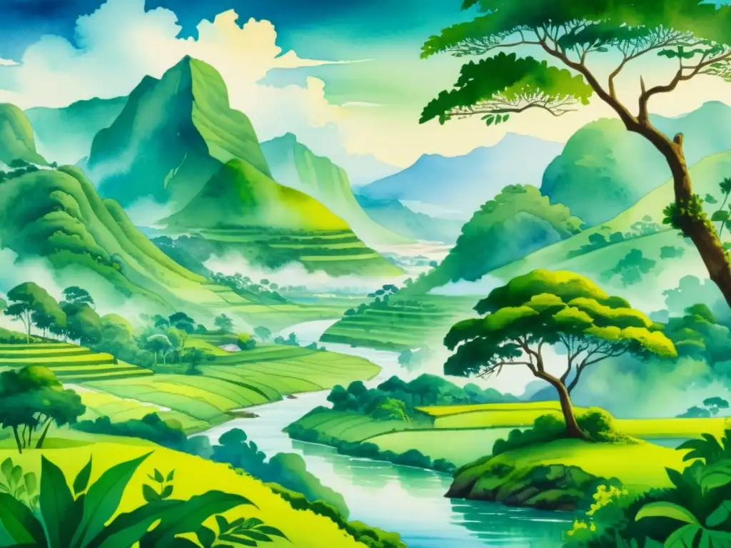 Una pintura detallada de paisaje sereno de Sri Lanka, con exuberante vegetación, un río tranquilo y majestuosas montañas al fondo