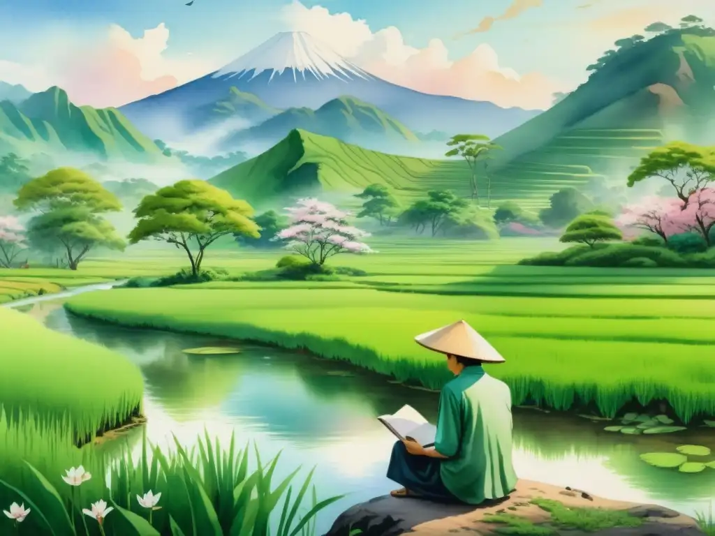 Una pintura acuarela detallada en 8k de un paisaje sereno de Indonesia con poesía traducida de Indonesia