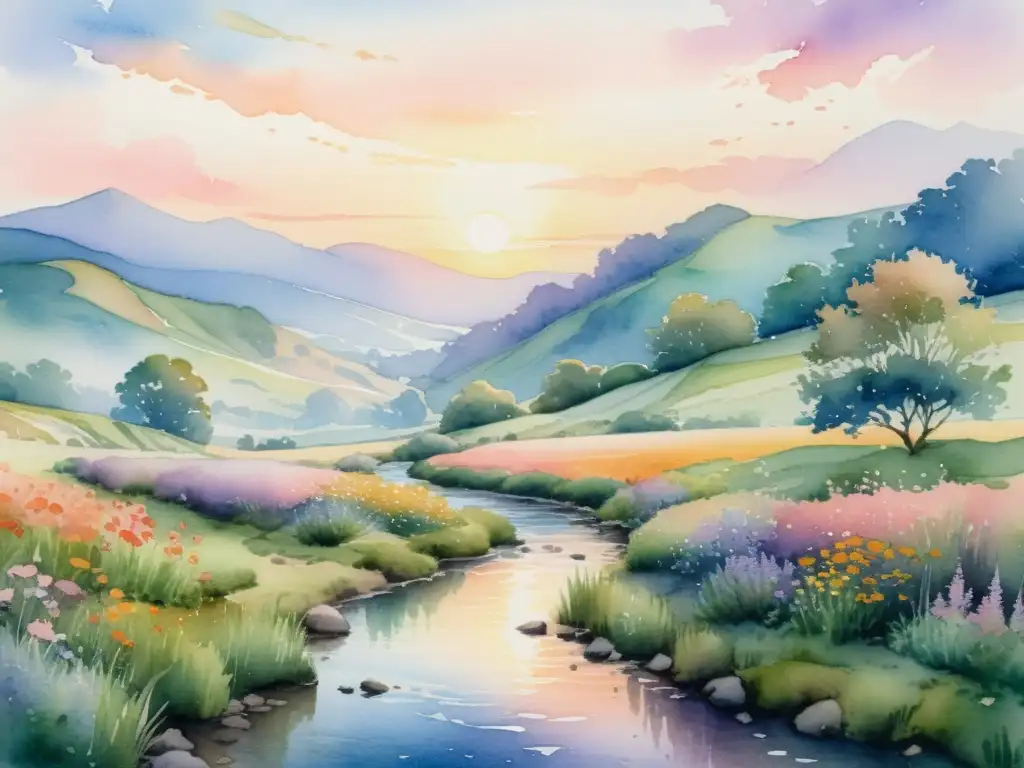 Una pintura acuarela detallada en 8k de un paisaje sereno y etéreo con colinas, un arroyo y un atardecer de colores pastel