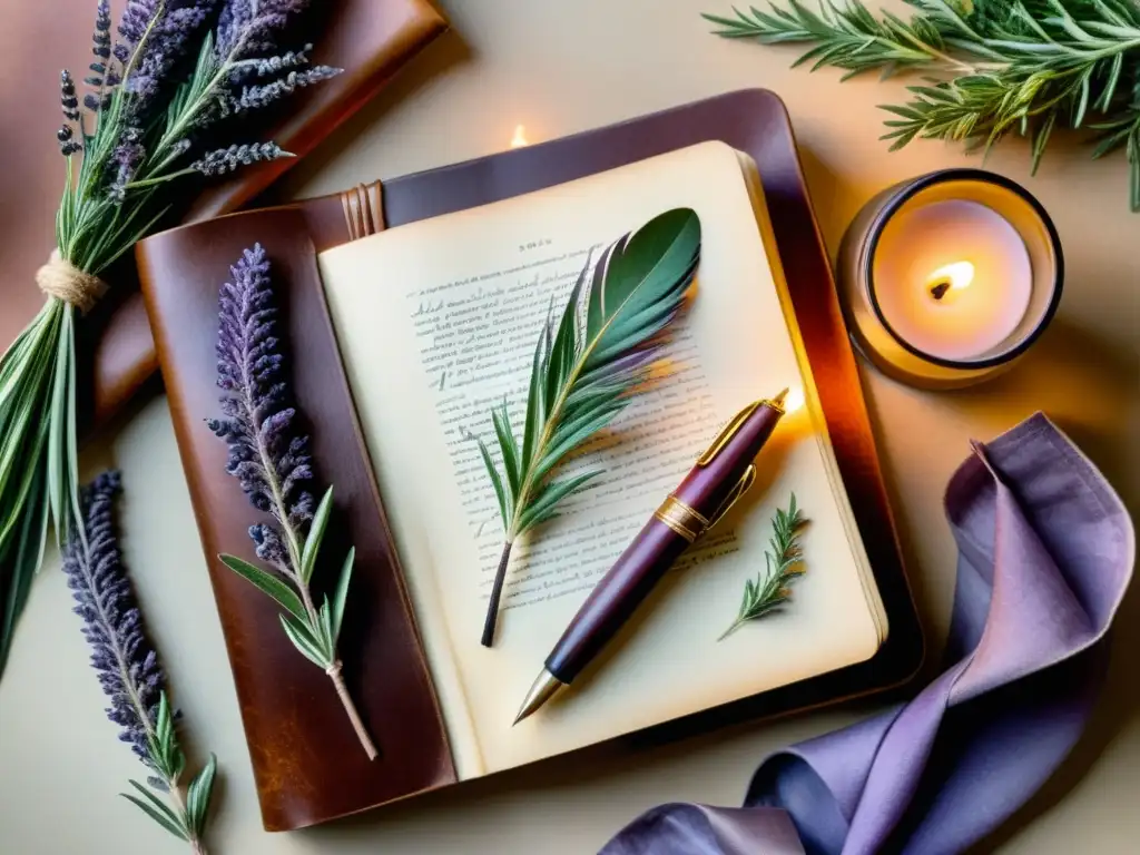 Una pintura detallada de una pluma sobre un libro antiguo, rodeada de lavanda y romero, con luz de vela