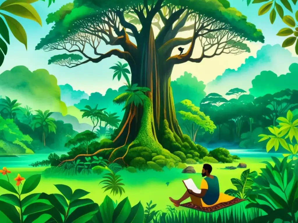 Pintura detallada de la selva con poetas indígenas creando versos bajo un ceiba