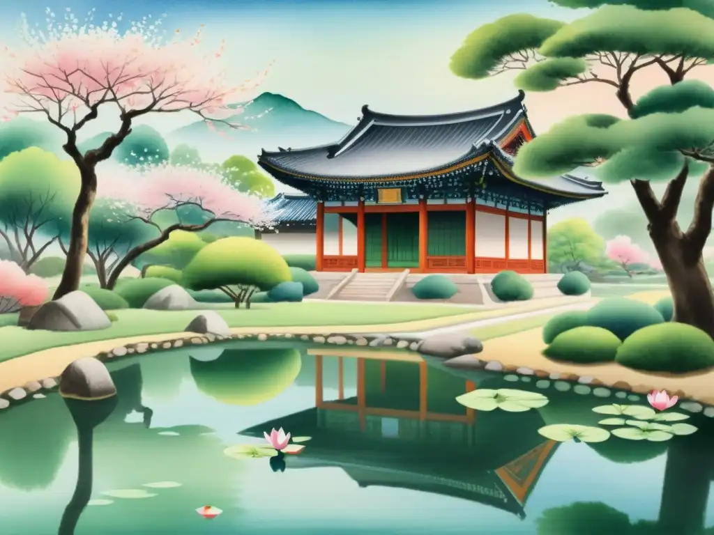 Pintura detallada de un jardín sereno en la antigua Corea, con arquitectura de la dinastía Joseon, poesía y colores pastel