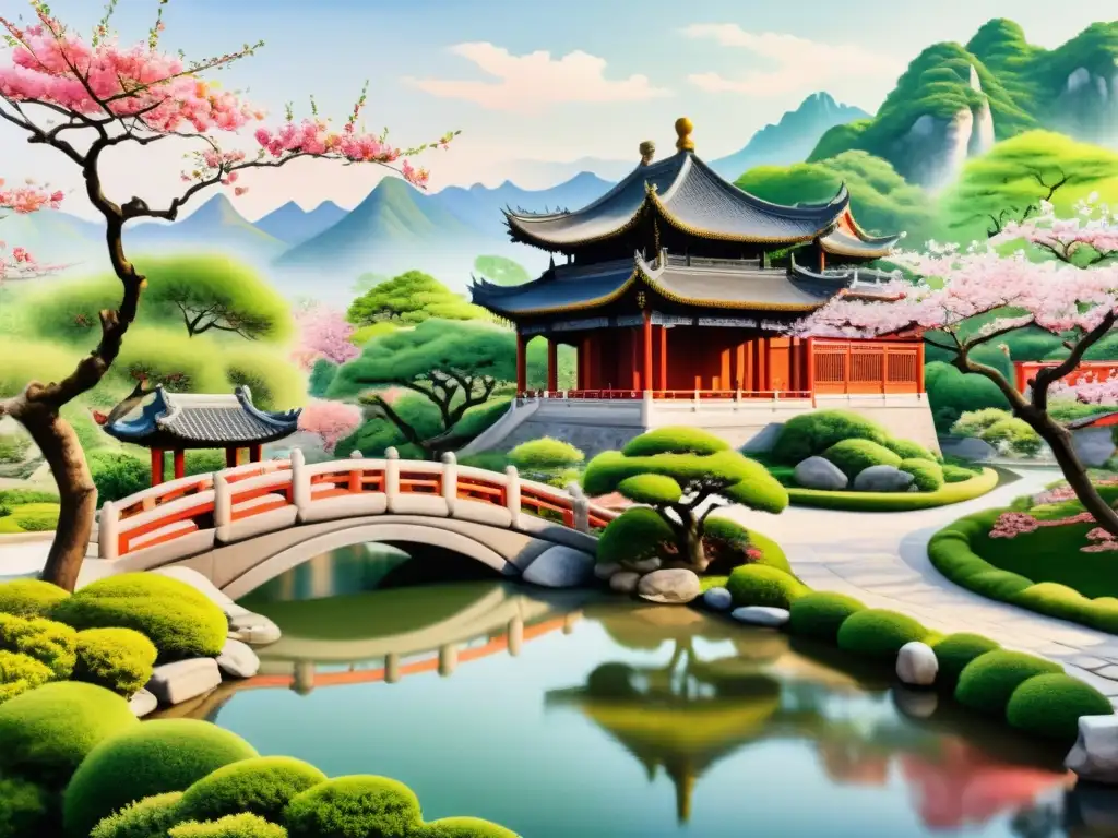 Pintura acuarela detallada de un sereno jardín imperial chino, poesía corte imperial China, con exuberante vegetación y un pabellón tradicional