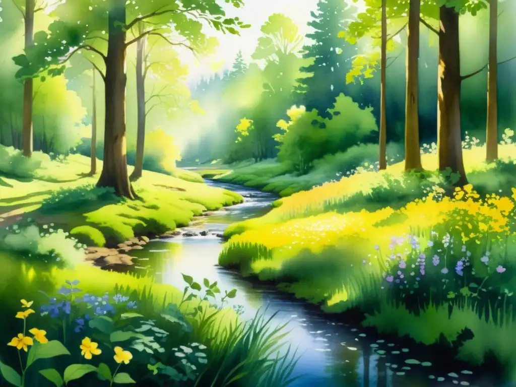 Una pintura detallada de un sereno claro en el bosque, con flores silvestres y un arroyo