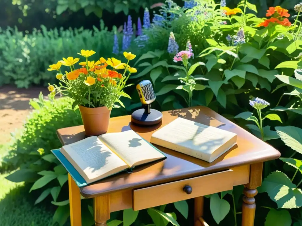 Una pintura detallada de jardín sereno con flores silvestres vibrantes, mesa, silla y micrófono vintage entre libros de poesía