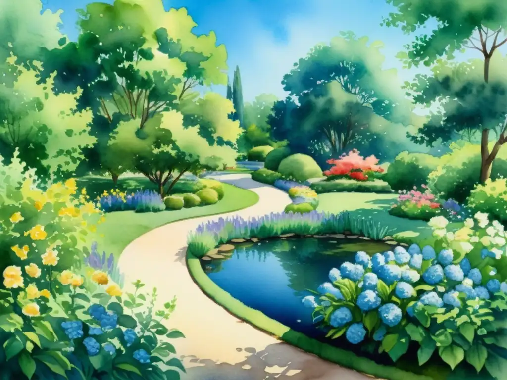 Una pintura acuarela detallada de jardín sereno con flores vibrantes y verdor exuberante