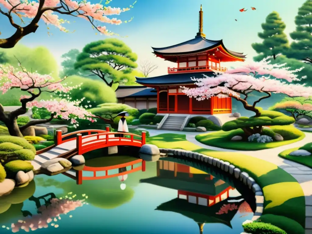 Una pintura detallada de un sereno jardín japonés con cerezos en flor, un estanque de koi y una pagoda tradicional entre exuberante vegetación