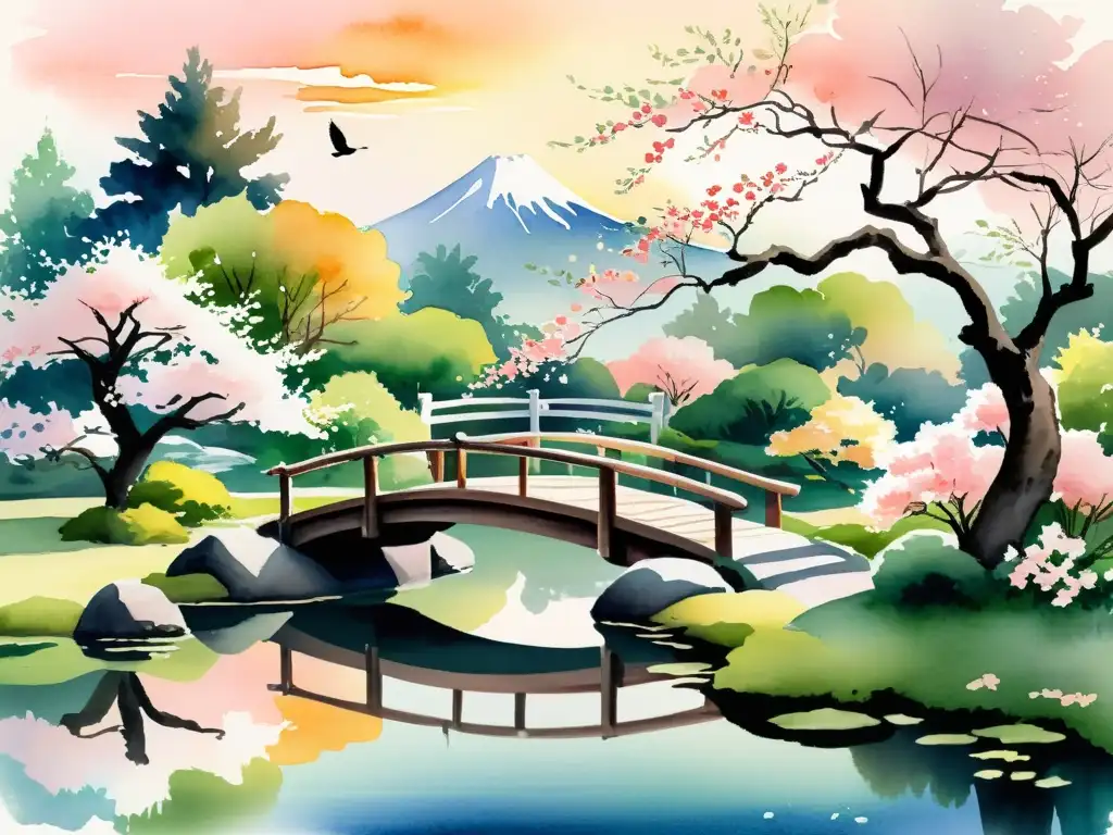 Pintura acuarela detallada de un sereno jardín japonés con puente de madera, grullas, cerezos en flor y una atmósfera cálida y etérea