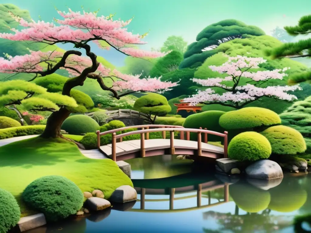 Una pintura detallada de un sereno jardín japonés con un cerezo en flor y un puente de madera sobre el agua, reflejando el impacto del haiku en poesía