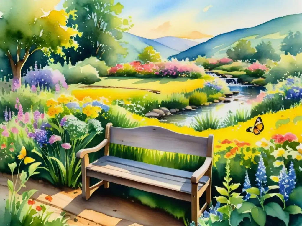 Una pintura detallada de un jardín sereno y soleado, lleno de vibrantes flores silvestres y un arroyo