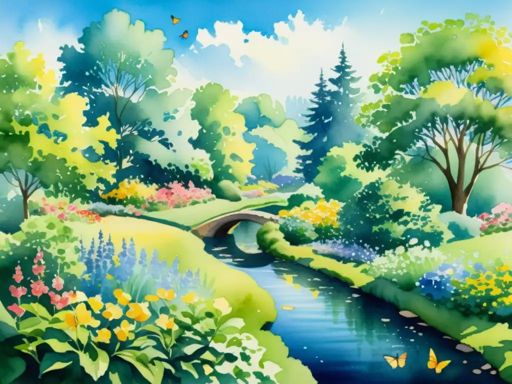 Una pintura detallada de un jardín sereno y soleado, con flores vibrantes y árboles frondosos