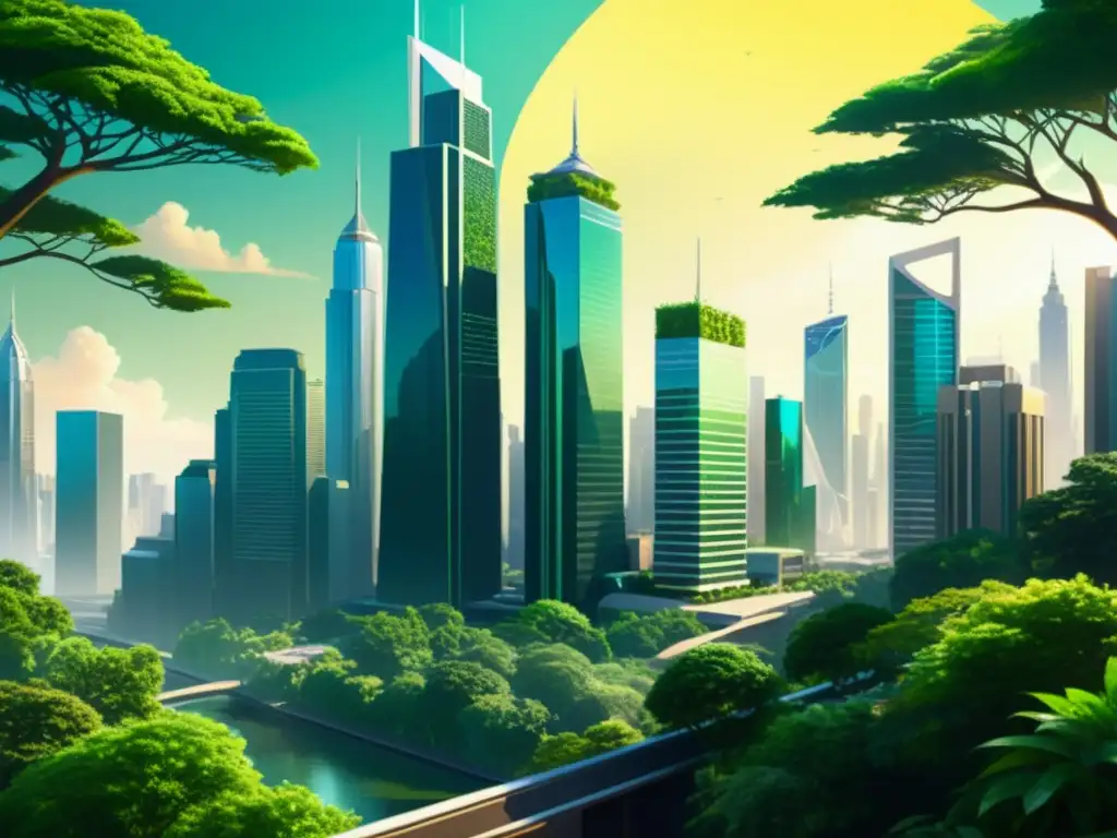 Una pintura digital detallada de una ciudad futurista con rascacielos y vegetación vibrante, mostrando la integración de naturaleza y tecnología