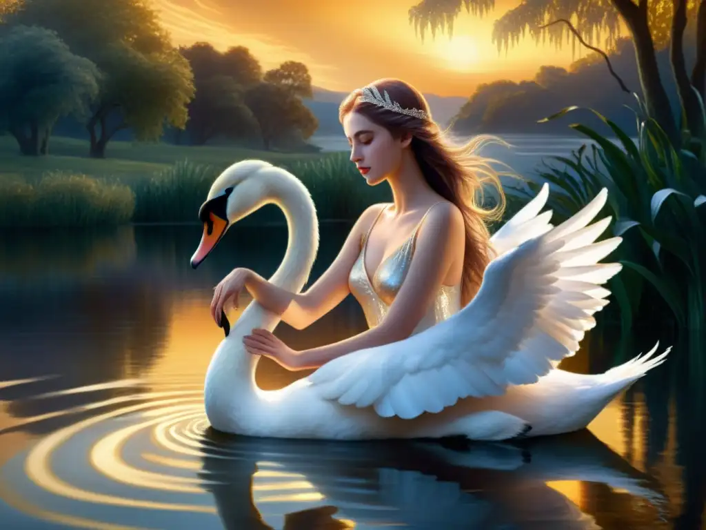 Una pintura digital de alta resolución muestra la escena mítica de Leda y el Cisne