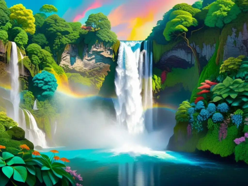 Una pintura digital ultradetallada de un paisaje surrealista con una cascada rodeada de flora vibrante y otros mundos