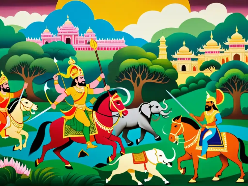 Pintura épica de la India: batalla en el Mahabharata con guerreros, elefantes y paisajes exuberantes