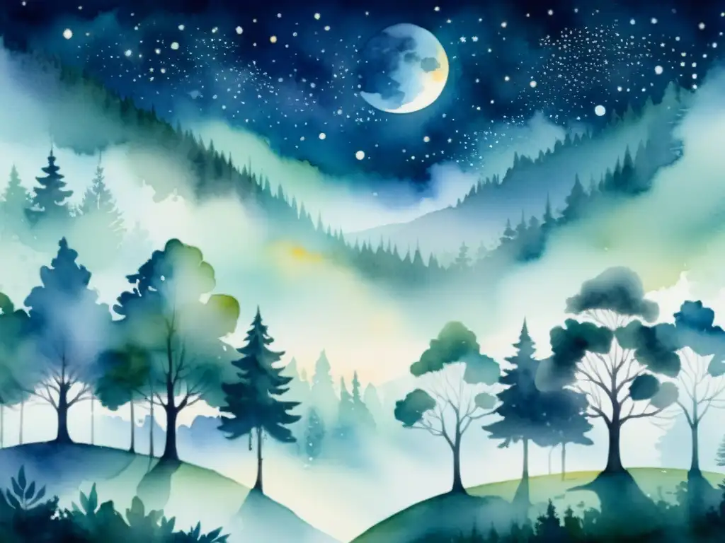 Una pintura etérea al agua de un paisaje sereno iluminado por la luna, donde el tiempo y el espacio se entrelazan sin esfuerzo