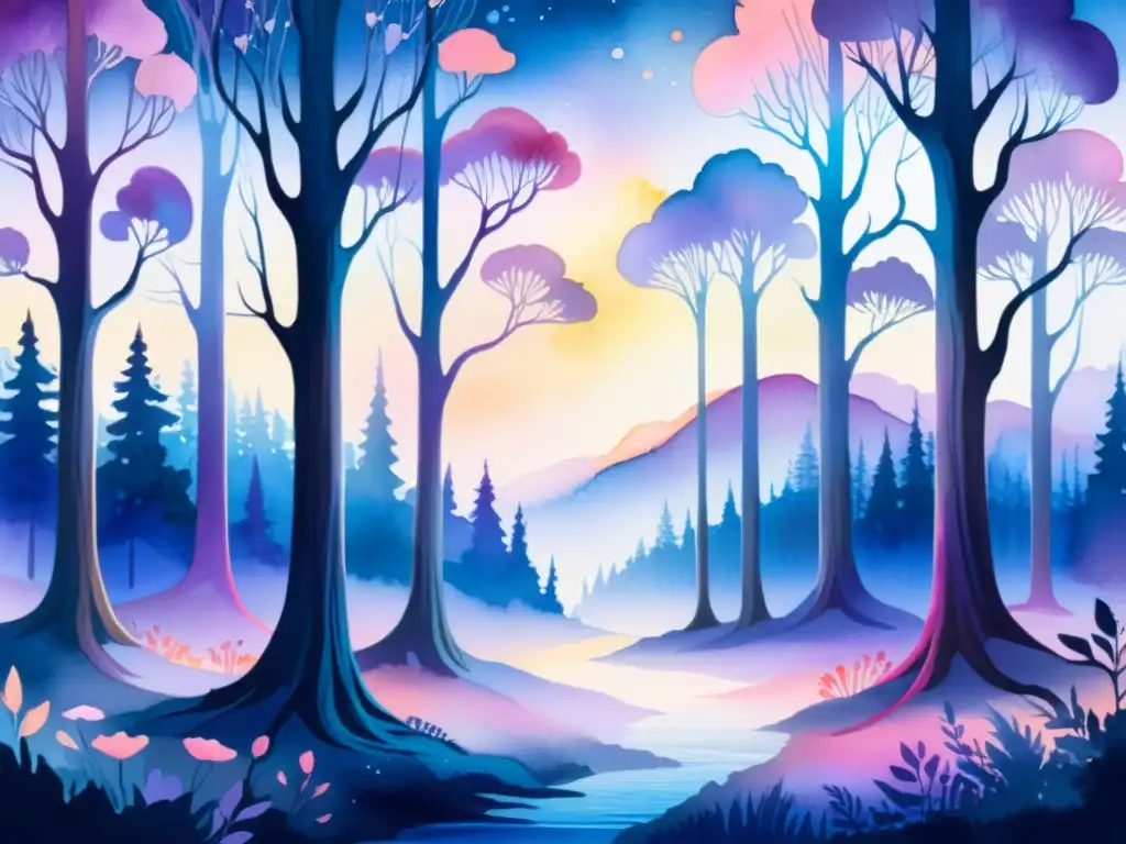 Una pintura etérea de un bosque místico al anochecer, con tonos vibrantes de púrpuras, azules y rosas que crean una atmósfera encantadora