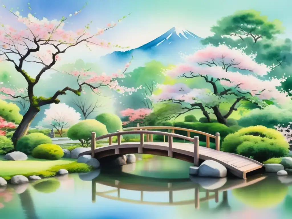 Una pintura etérea de un sereno jardín japonés con un puente de madera tradicional sobre un estanque tranquilo, adornado con vibrantes cerezos en flor y exuberante vegetación